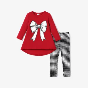 2pcs Toddler Girl Bowknot Print High Low Long-sleeve Tee and Houndstooth Leggings Set #999423