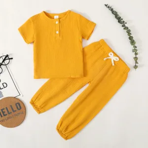 2pcs Toddler Girl/Boy 100% Cotton Basic Solid Henley Shirt and Pants Set