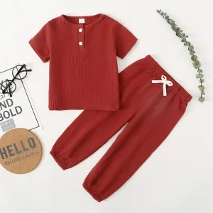 2pcs Toddler Girl/Boy 100% Cotton Basic Solid Henley Shirt and Pants Set #879524