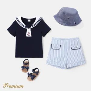 2pcs Toddler Girl/Boy Anchor Embroidered Statement Collar Top and 100% Cotton Striped Shorts Se #1037088