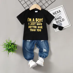 2pcs Toddler Girl/Boy Letter Print Short-sleeve Tee and Ripped Jeans Set