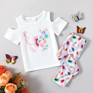 2pcs Toddler Girl Butterfly & Floral Print Short-sleeve Tee and Pants Set #1043447