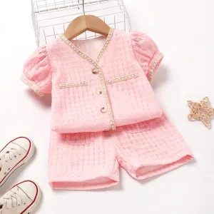 2pcs Toddler Girl Button Placket Tweed Overcoat and Shorts Set #1041403