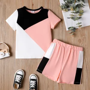 2Pcs Toddler Girl Color Block Short-sleeve Cotton Top and Shorts Set #886328