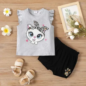 2pcs Toddler Girl Cotton Kitty Print Flutter-sleeve Tee and Elasticized Shorts Set