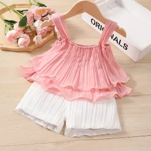 2pcs Toddler Girl Elegant Pleated Camisole and Shorts Set #845185