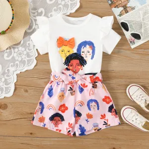 2pcs Toddler Girl Figure Print Ruffled Short-sleeve Tee and Belted Shorts Set #1043025