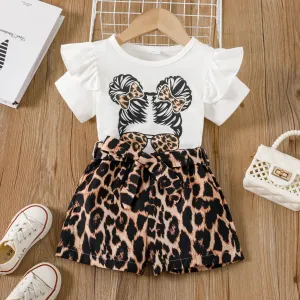 2pcs Toddler Girl Figure Print Ruffled Short-sleeve Top and Leopard Belted Shorts Set #1046105