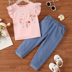 2pcs Toddler Girl Floral Pattern Ruffle Sleeve Top and 100% Cotton Pockets Jeans Set #1048687