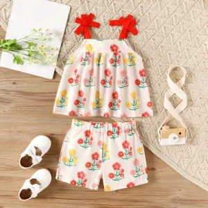 2pcs Toddler Girl Floral Print Bowknot Design Camisole and Elasticized Shorts Set #874725