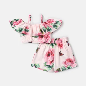 2pcs Toddler Girl Floral Print Flounce Camisole and Elasticized Shorts Set #219428