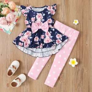 2pcs Toddler Girl Floral Rose Print Ruffle Hem Flutter-sleeve Top and Polka Dots Print Leggings Pants Set