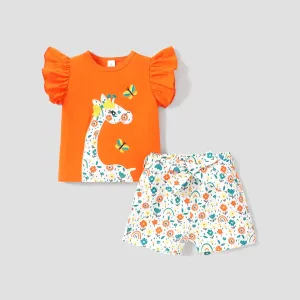 2pcs Toddler Girl Giraffe Pattern Ruffle Top and Allover Floral Print Belted Shorts Set #1044806