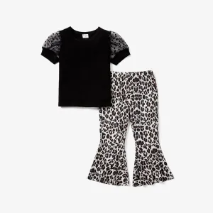 2pcs Toddler Girl Leopard Pattern Puff Sleeves Set #1064161