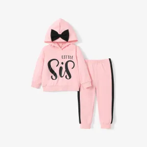 2pcs Toddler Girl Letter Print Bow Decor Hoodie and Pants Set #1051589