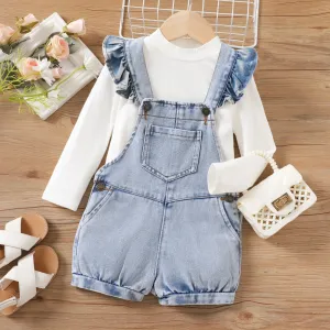 2pcs Toddler Girl Long-sleeve Top and Denim Overall Romper Set #1055019