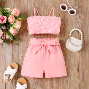 2pcs Toddler Girl Pink 3D Applique Mesh Cami Top and Belted Shorts Set #1037328