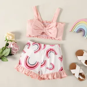 2pcs Toddler Girl Pink Bow Front Rib-knit Camisole and Rainbow Print Ruffle Trim Shorts Set #1041607
