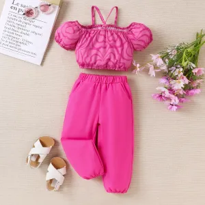 2pcs Toddler Girl Pink Geometry Pattern Off-Shoulder Top and Pants Set #1044802