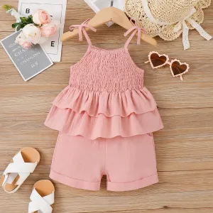 2pcs Toddler Girl Pink Layered Ruffle Hem Smocked Cami Top and Shorts Set #1037017