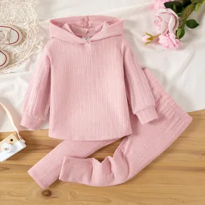 2pcs Toddler Girl Pink Rib-knit Hoodie and Pants Set #1052034