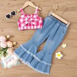2pcs Toddler Girl Plaid Bow Front Crop Camisole and Raw Trim Flare Leg Jeans Set