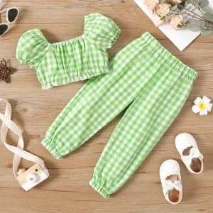 2pcs Toddler Girl Plaid Off Shoulder Short-sleeve Tee and Elasticized Pants Set #848996