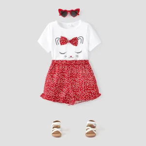 2pcs Toddler Girl Playful Bow Decor Cat Print Tee and Dots Pattern Shorts Set