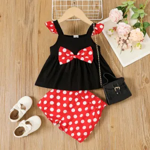 2pcs Toddler Girl Polka Dots Bow Front Flutter-sleeve Cotton Camisole and Shorts Set #1034970