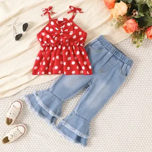 2pcs Toddler Girl Polka Dots Knot Shoulder Camisole and Flared Jeans Set #1041064