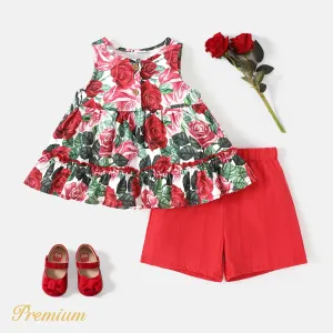 2pcs Toddler Girl Red Floral Print Ruffle Hem Tank Top and 100% Cotton Shorts Set #925311