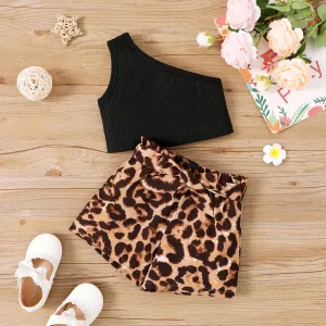 2pcs Toddler Girl Rib-knit One-Shoulder Tank Top and Leopard Belted Shorts Set #1038604