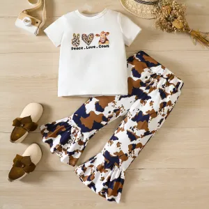 2pcs Toddler Girl Short-sleeve Graphic Tee and Cow Pattern Flared Pants Set #1037908