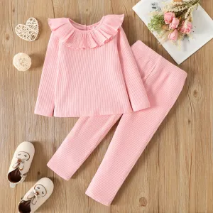 2pcs Toddler Girl Solid Color Flounced Collar Cotton Long-sleeve Ribbed Tee and Pants Set #832254
