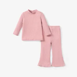 2pcs Toddler Girl Solid Color Ribbed Mock Neck Long-sleeve Tee and Flared Pants Set
