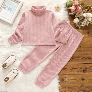 2pcs Toddler Girl Solid Color Ribbed Turtleneck Long-sleeve Tee and Elasticized Pants Set #208574
