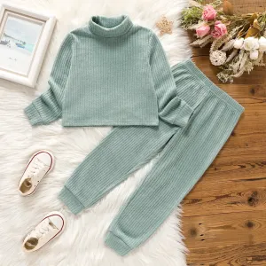 2pcs Toddler Girl Solid Color Ribbed Turtleneck Long-sleeve Tee and Elasticized Pants Set #208579