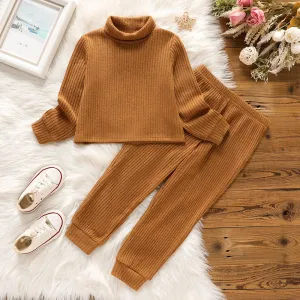 2pcs Toddler Girl Solid Color Ribbed Turtleneck Long-sleeve Tee and Elasticized Pants Set #208583