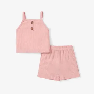 2pcs Toddler Girl Solid Ribbed Camisole and Shorts Set #920191