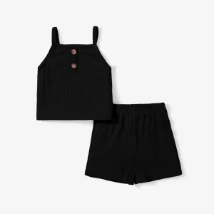 2pcs Toddler Girl Solid Ribbed Camisole and Shorts Set #920196