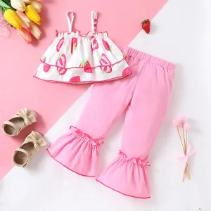 2pcs Toddler Girl Strawberry Print Ruffled Camisole and Flared Pants Set