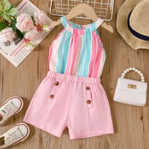 2pcs Toddler Girl Stripe Halterneck Top and Button Decor Shorts Set #1038069
