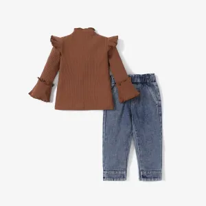 2pcs Toddler Girl Sweet Denim Jeans and Turtleneck Ruffled Bell sleeves Tee set #211051