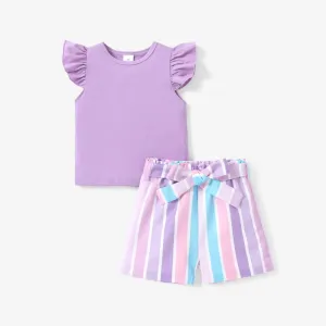 2pcs Toddler Girl Sweet Flutter-sleeve Tee and Stripe Belted Shorts Set