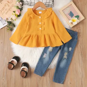 2pcs Toddler Girl Sweet Ripped Cotton Denim Jeans and Doll Collar Crepe Blouse Set #830951
