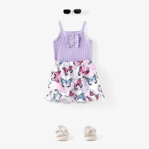 2pcs Toddler Girl Sweet Ruffled Ribbed Camisole and Butterfly Print Shorts Set