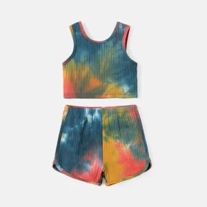 2pcs Toddler Girl Tie Dyed Tank Top and Elasticized Shorts Set #218850