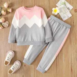 2pcs Toddler Girl Trendy Colorblock Sweatshirt and Elasticized Pants Set #1112913