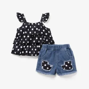 2pcs Toddler Girl Trendy Denim Patchwork Shorts and Polka dots Camisole Set #839885