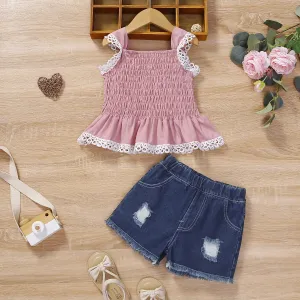 2pcs Toddler Girl Trendy Lace Trim Ruffle Hem Smocked Tank Top and Ripped Denim Shorts Set #875058